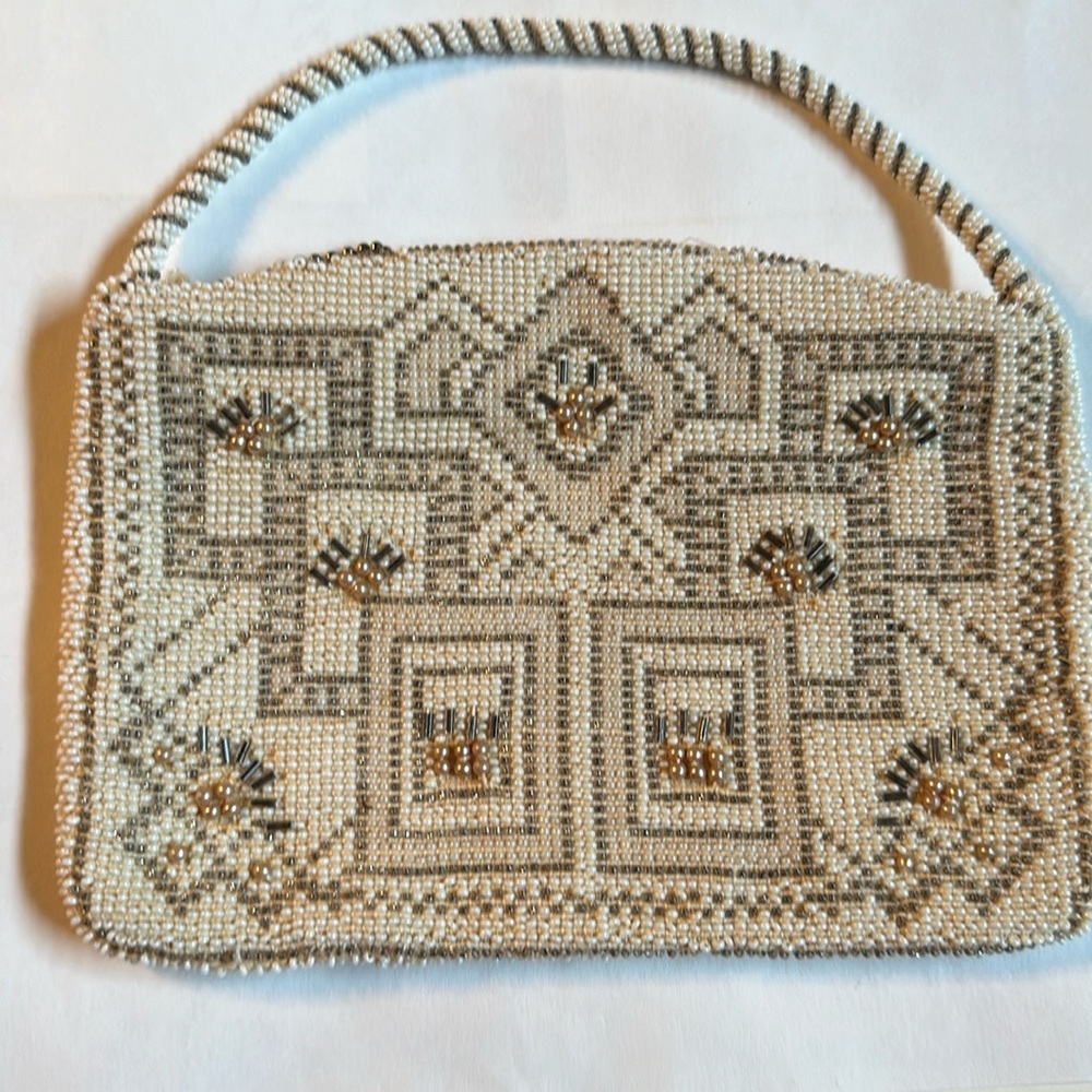 Vintage Art Deco Beaded Purse Bag Czechoslovakia Cream Brown Geometric Patterns